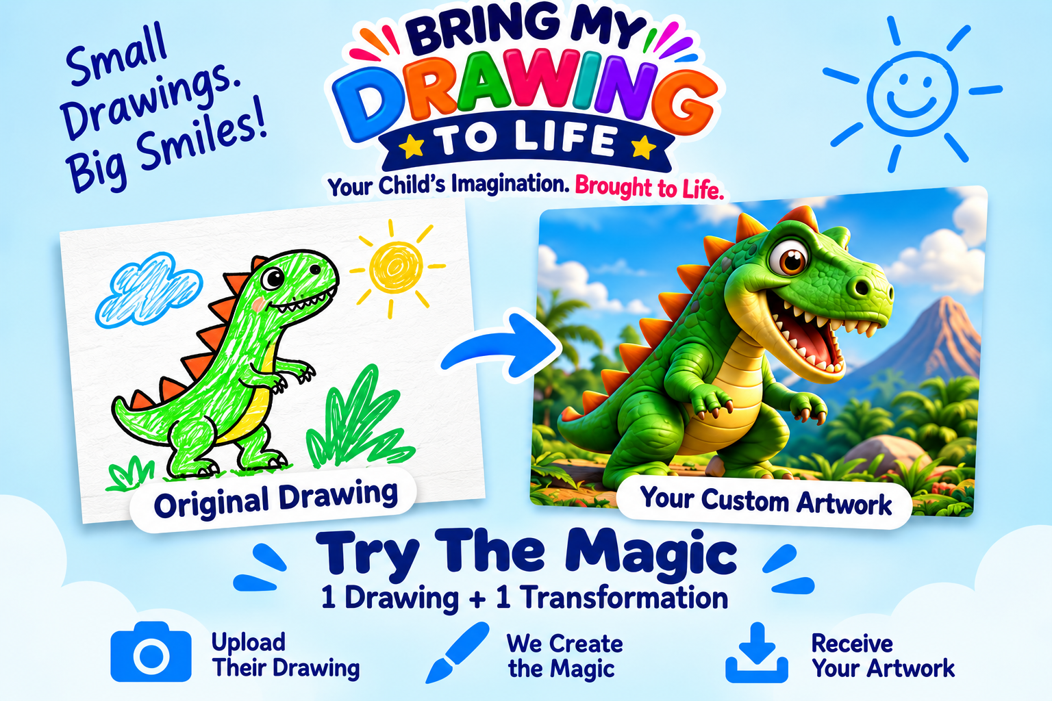 Your original dinosaur drawing transformed into colorful custom dinosaur artwork